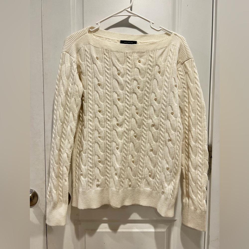 Ann Taylor Cable Knit Pearl Accent Women’s Sweater - Cream
